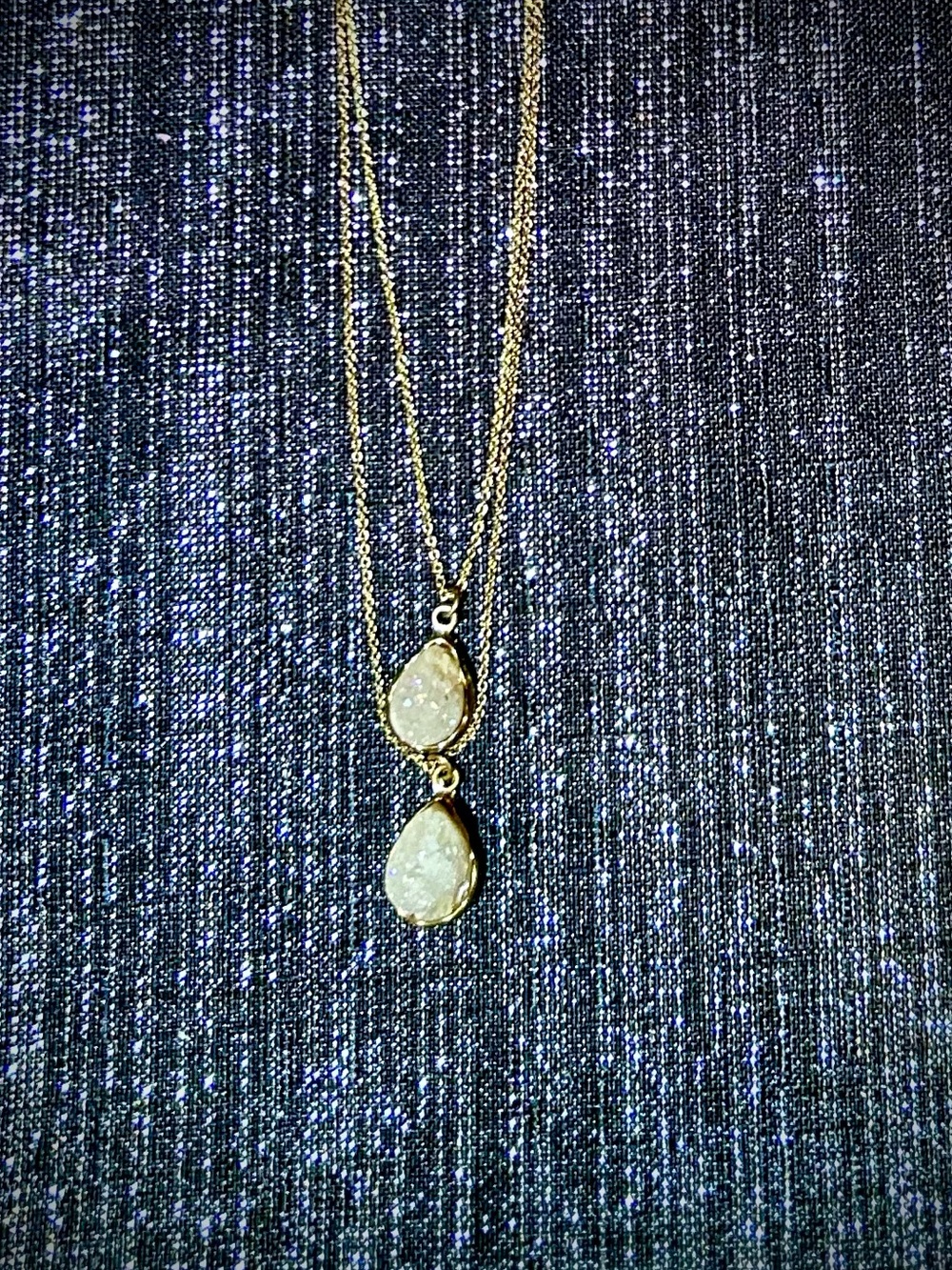 Gold Double Teardrop Pendant Necklace with White Druzy Stones